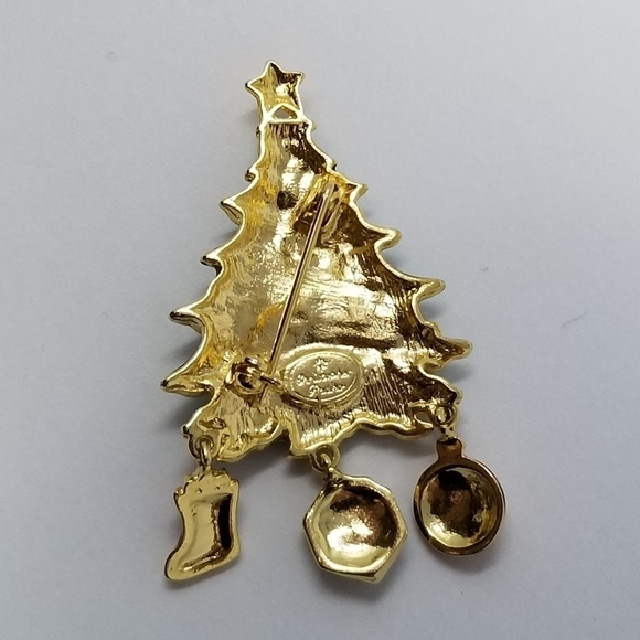 Vtg Christopher Radko Christmas Tree Pin Brooch Signed Dangle Enamel Rhinestone - Picture 4 of 9